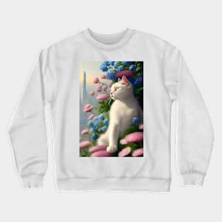 Anime White Cat Surrounded by Pink and Blue Flowers. Tokyo Background. Crewneck Sweatshirt